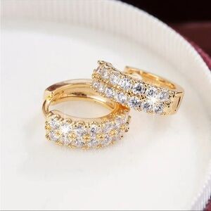 18K Gold Plated Double Row CZ Huggie Hoop Earrings Simulated Diamond NWT
